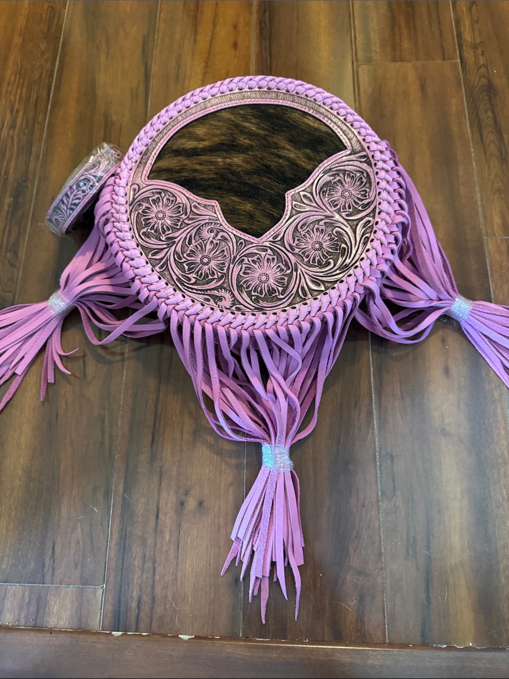 Round Pink Floral Tooled Fringe Crossbody Bag
